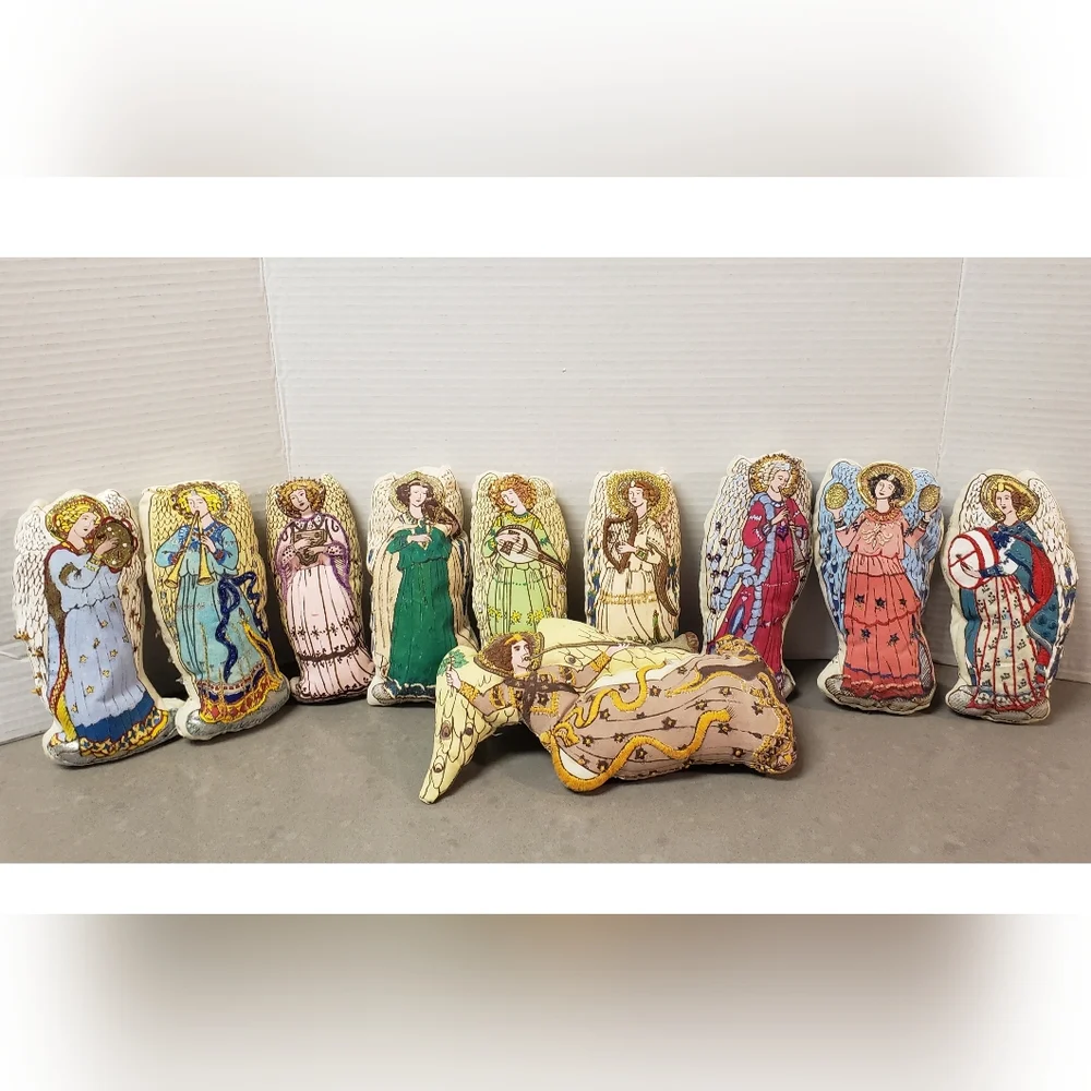 Vintage Lot Set Of 10 Cut And Sew Handpainted Embellished Soft Sculpture Angels - Picture 1 of 16